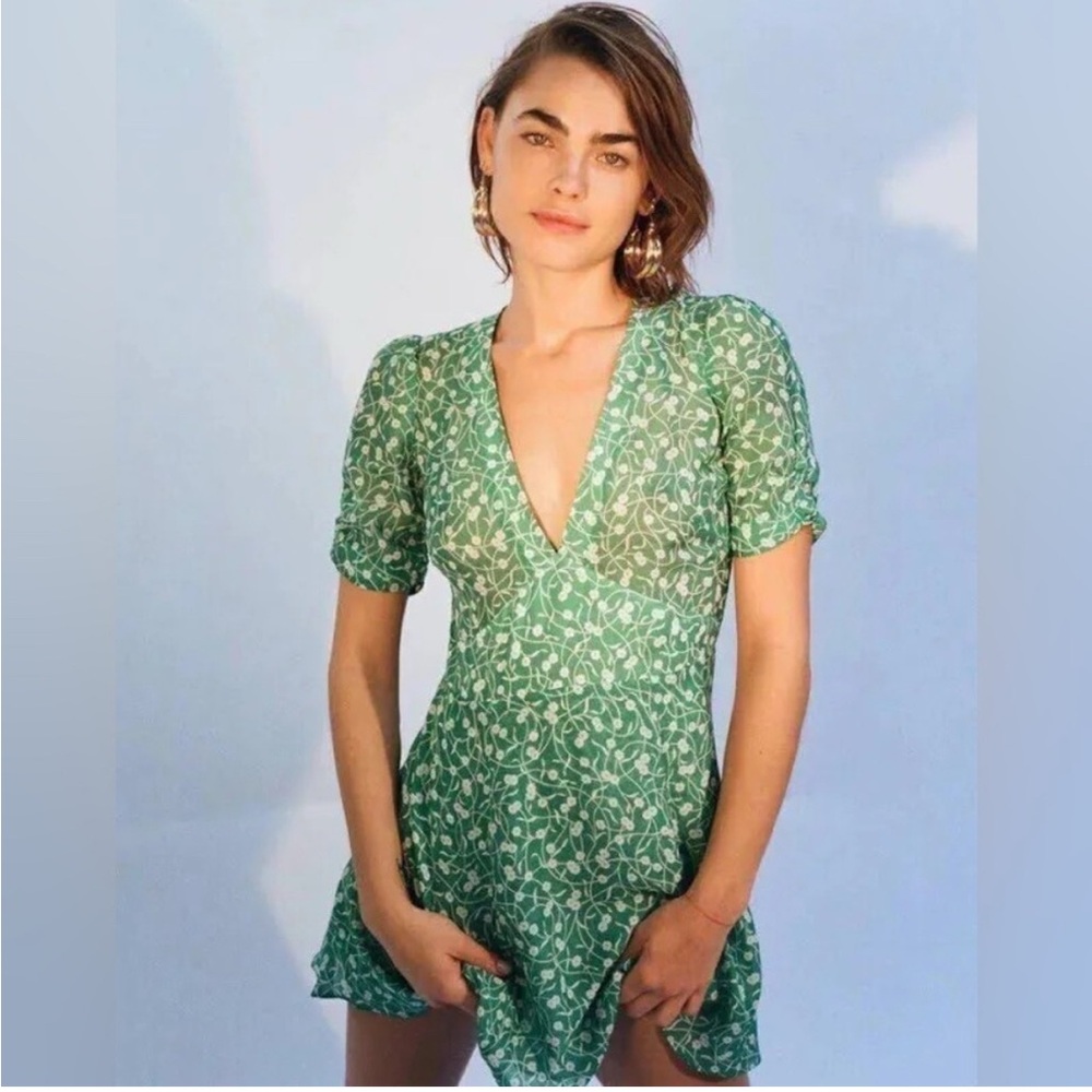Realisation Par Green and White Puff Sleeve Mini Sundress